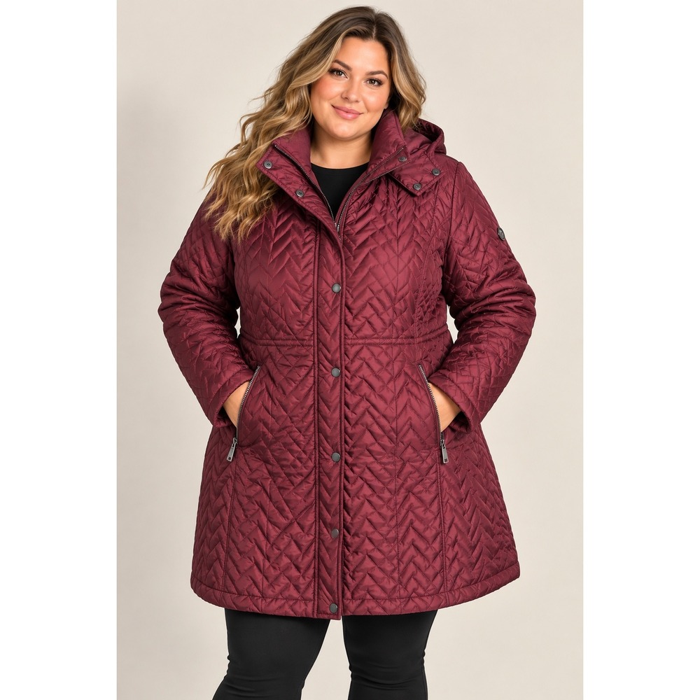 Calvin Klein Women's 3X Burgundy Quilted Hooded Long Winter Coat Plus Size